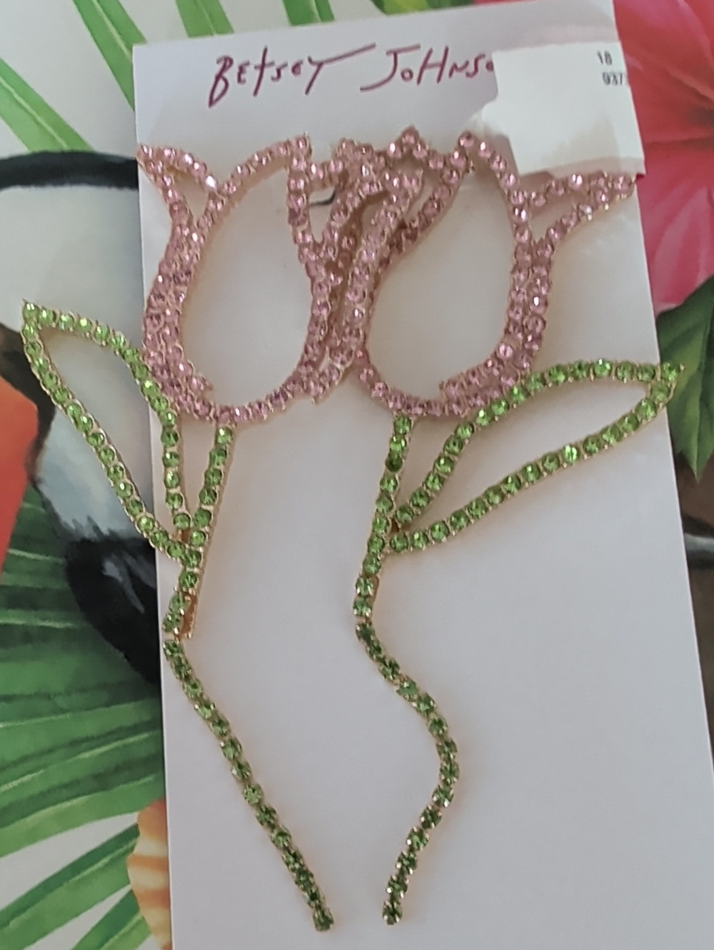 Betsey Johnson Pink and Green Tulip Crystal Drop Earrings